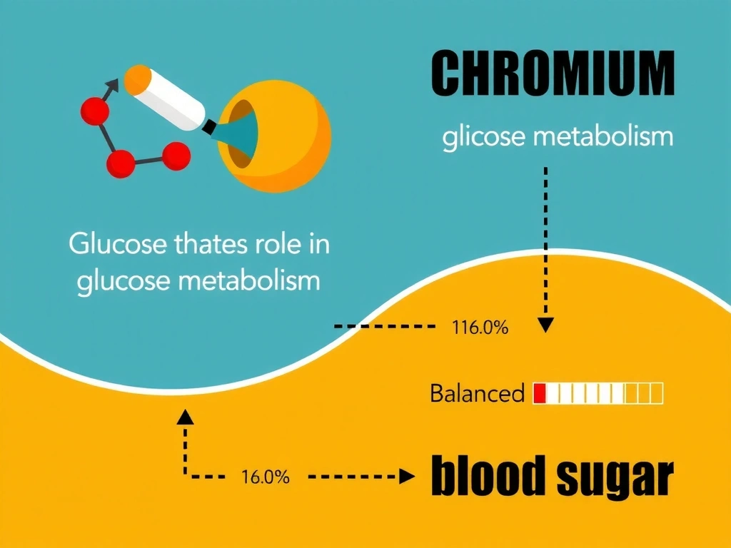 Infografic stilizat explicând rolul cromului în metabolismul glucozei, cu celule și insulină