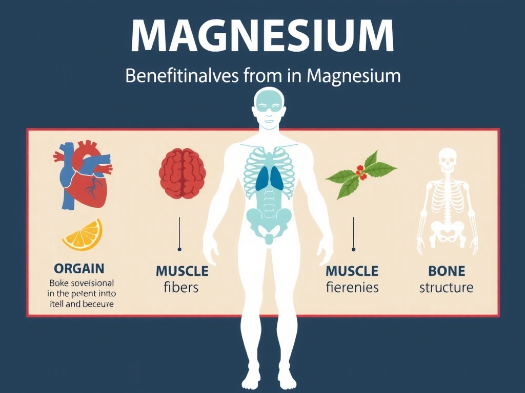 Infografic stilizat cu organele afectate de magneziu: inimă, creier, mușchi și oase