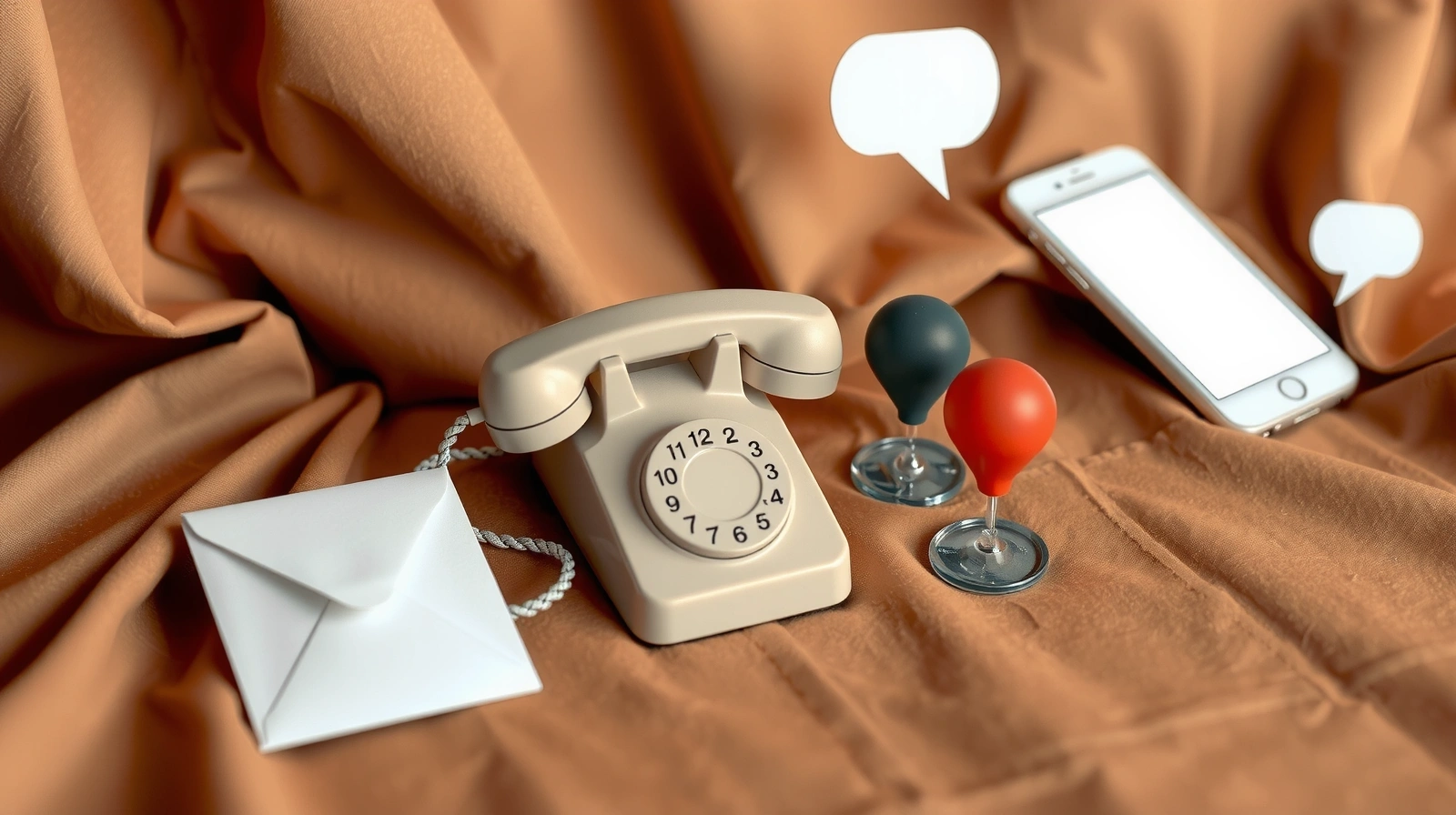 Elemente stilizate de comunicare: plic, telefon, hartă, simbolizând conectivitatea