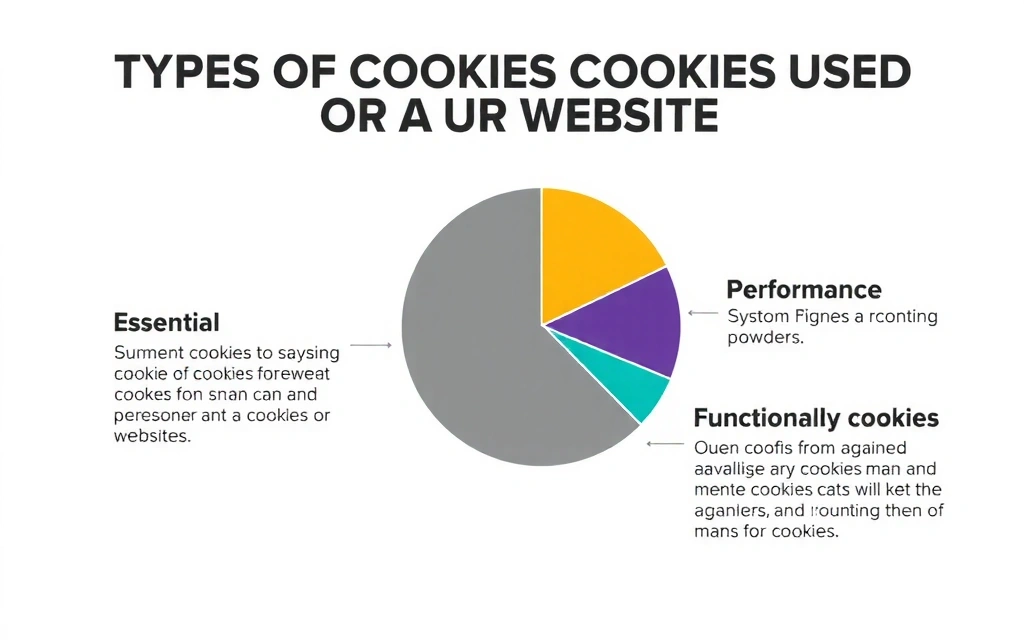 Diagramă circulară care ilustrează proporția diferitelor tipuri de cookie-uri utilizate pe un site web, cu secțiuni pentru esențiale, performanță și funcționalitate
